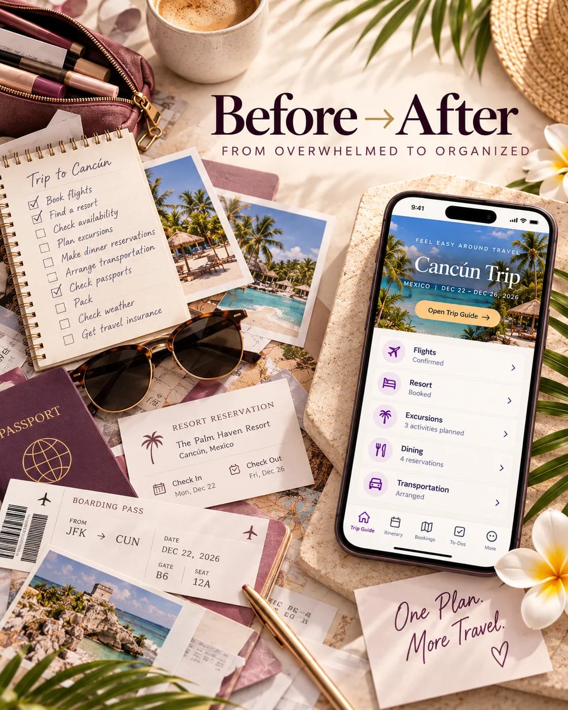 Before and after: a cluttered pile of trip notes, passport, boarding pass and reservation beside a phone showing an organized FEAT Cancún Trip Guide. From overwhelmed to organized.