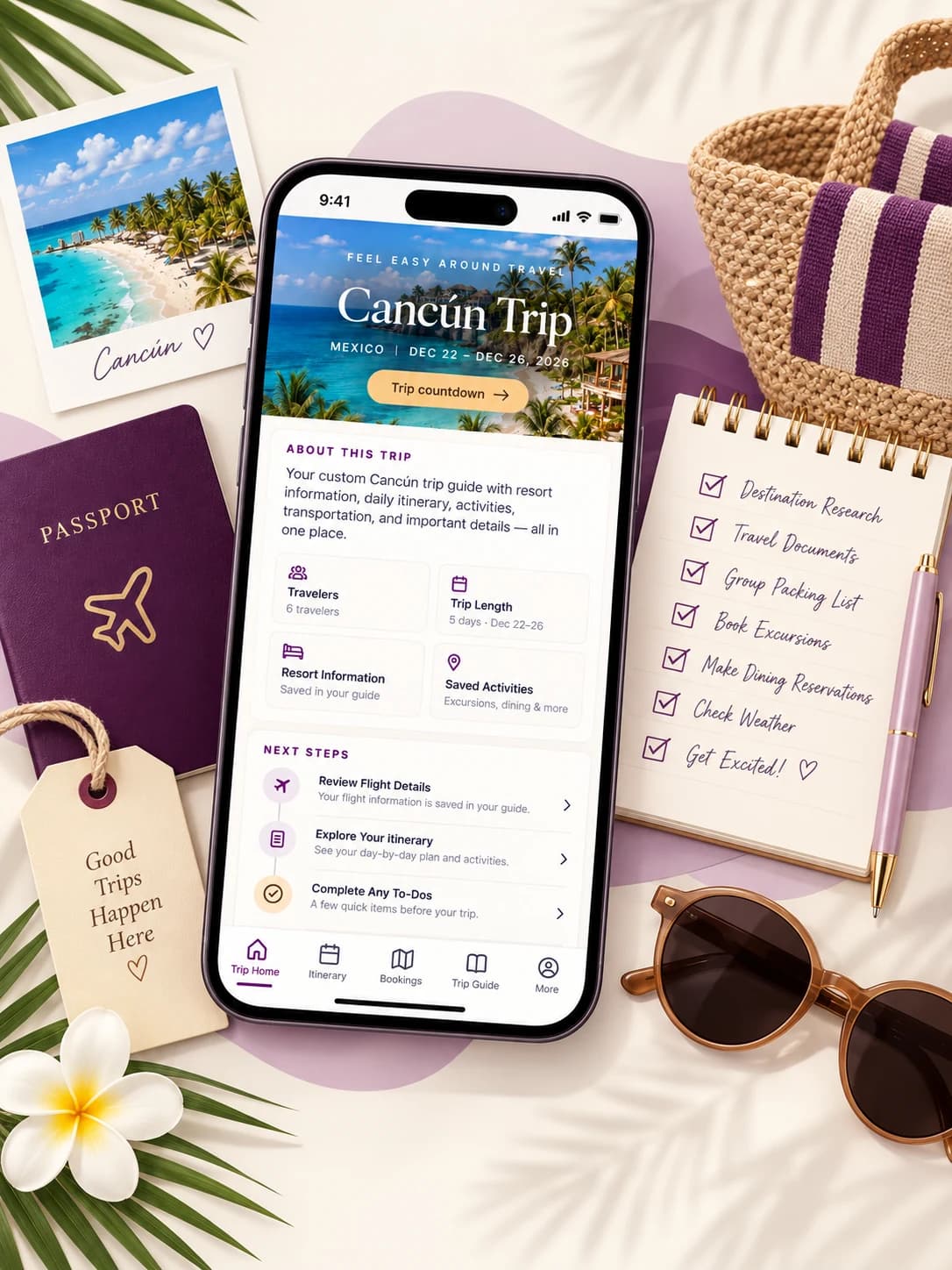 The FEAT Travel Playbook Cancún trip home screen on a phone, with a passport, luggage tag, notepad checklist, basket and sunglasses