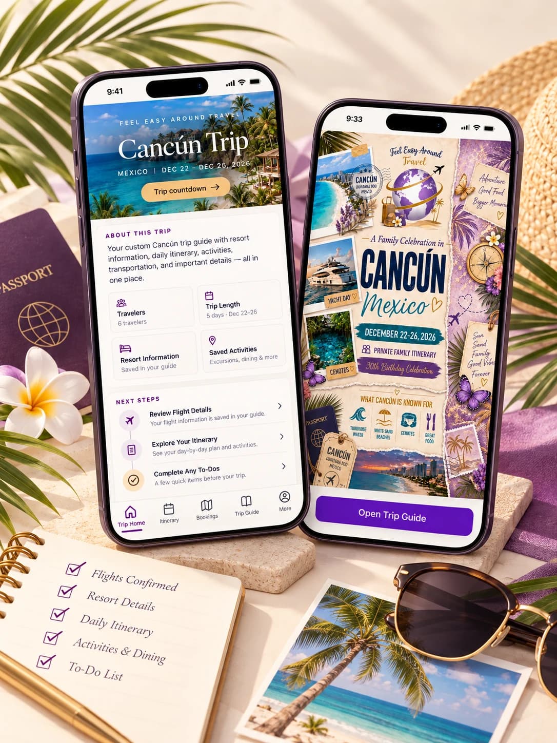The FEAT Travel Playbook on two phones, showing the Cancún trip home screen and the Trip Guide cover, with a passport, notepad checklist, sunglasses and beach postcard